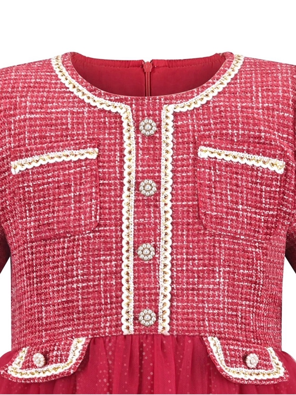 Girls Red Tweed & Tulle Sparkle Party Dress - Picture 4 of 5